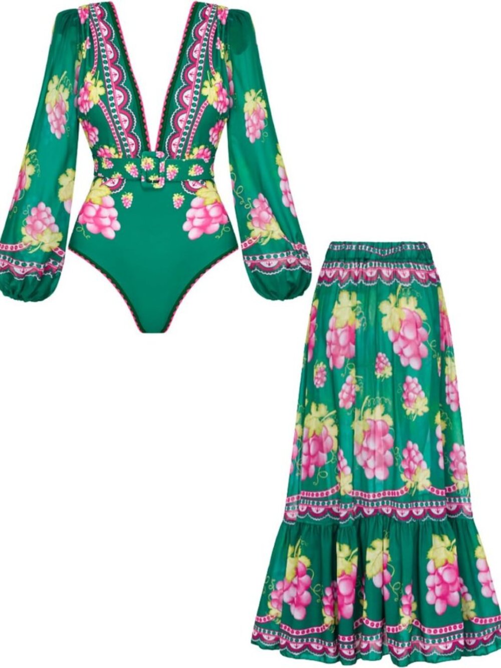Stylish Women's Deep V Neck Grapes Print One Piece Swimsuit with Padded Cups